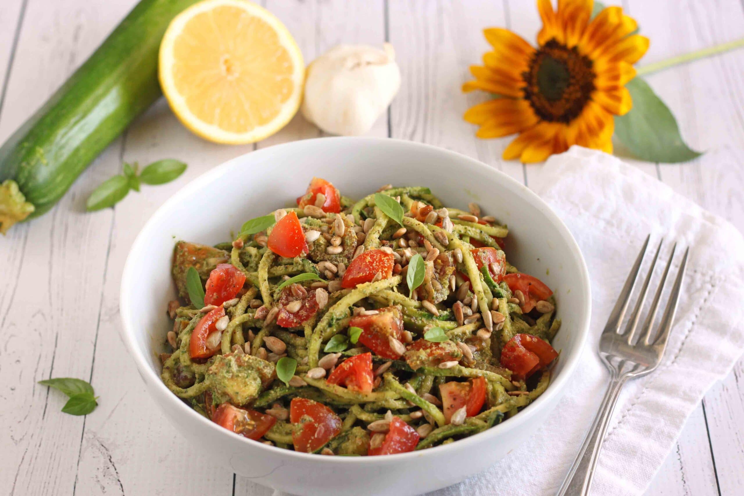 Sunflower Zucchini Pesto Pasta by Holistic Nutritionist Jesse Lane