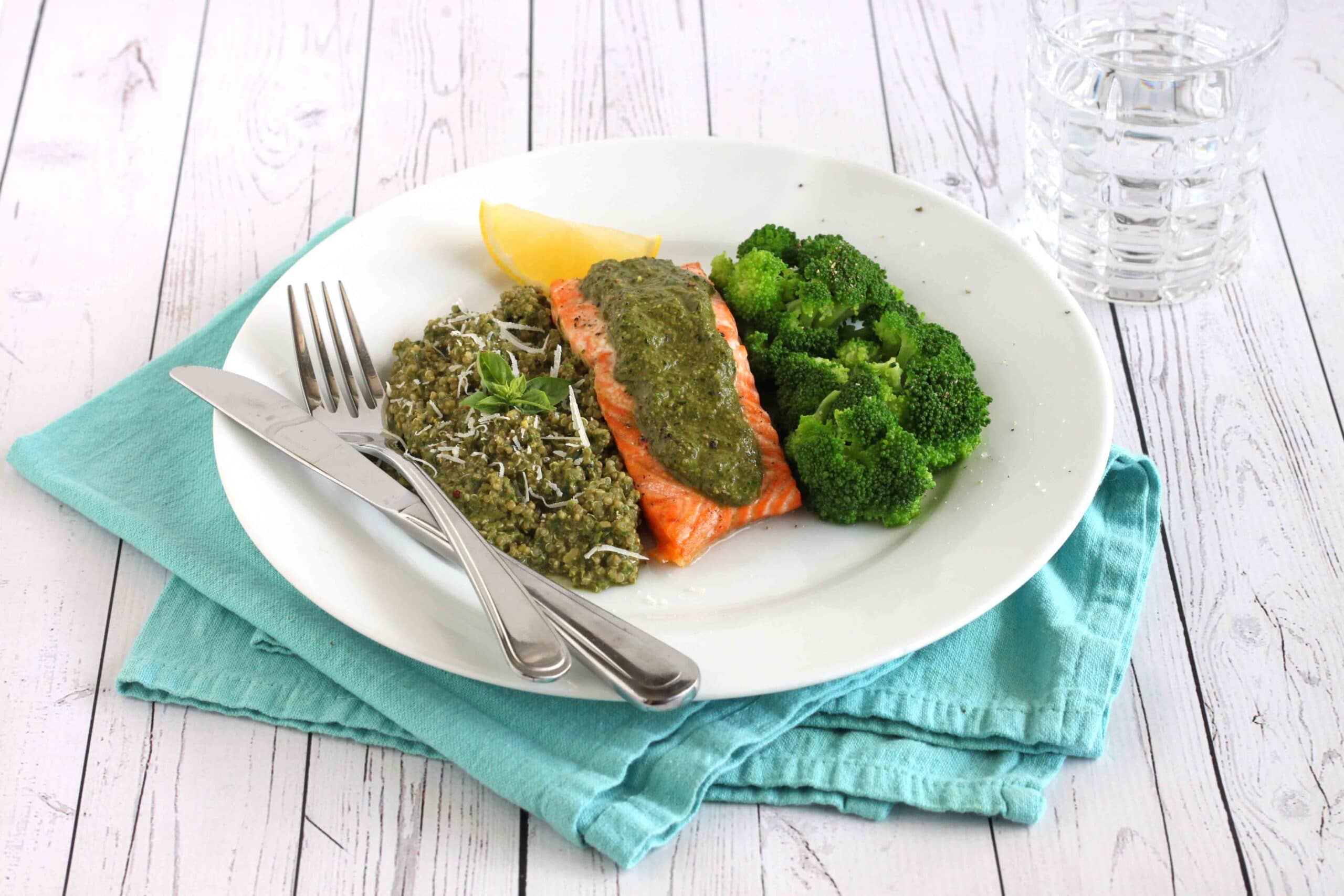 Detox Pesto Salmon Recipe with Pesto Quinoa and Steamed Broccoli by Jesse Lane Lee
