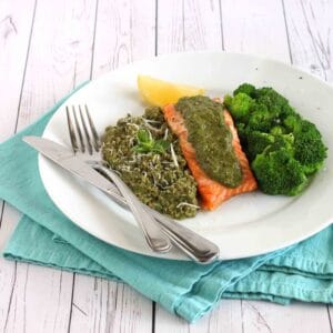 Detox Pesto Salmon Recipe with Pesto Quinoa and Steamed Broccoli by Jesse Lane Wellness