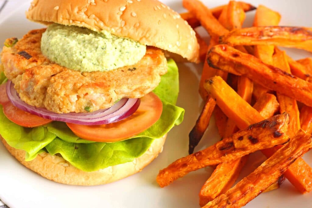 Salmon Burgers with Sweet Potato Fries by Jesse Lane Lee
