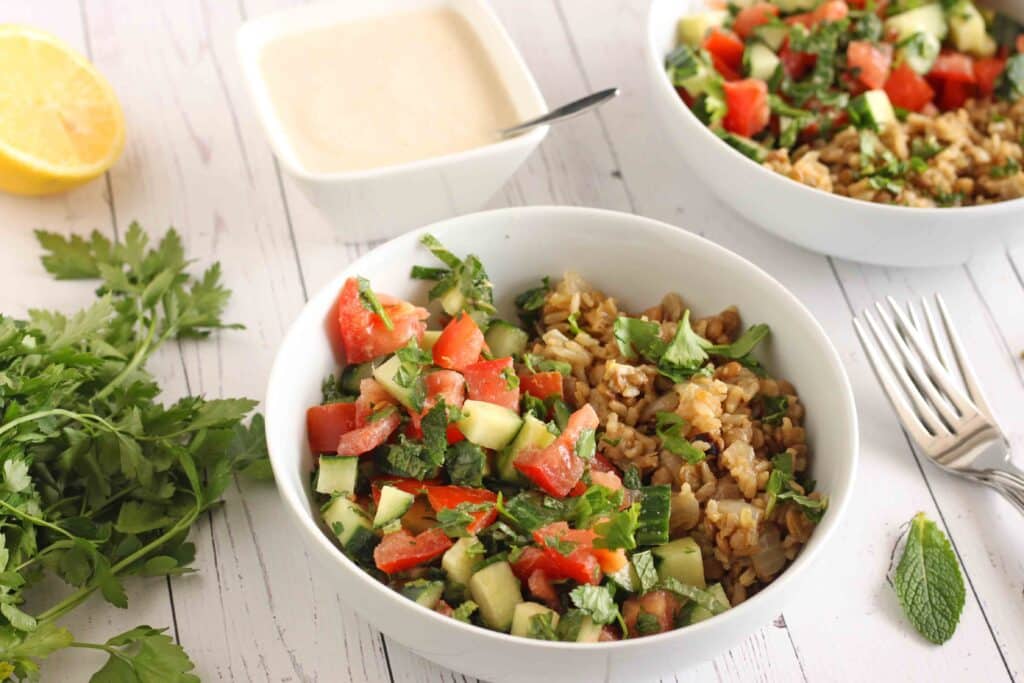 Tahini Salad with Rice and Lentil Pilaf