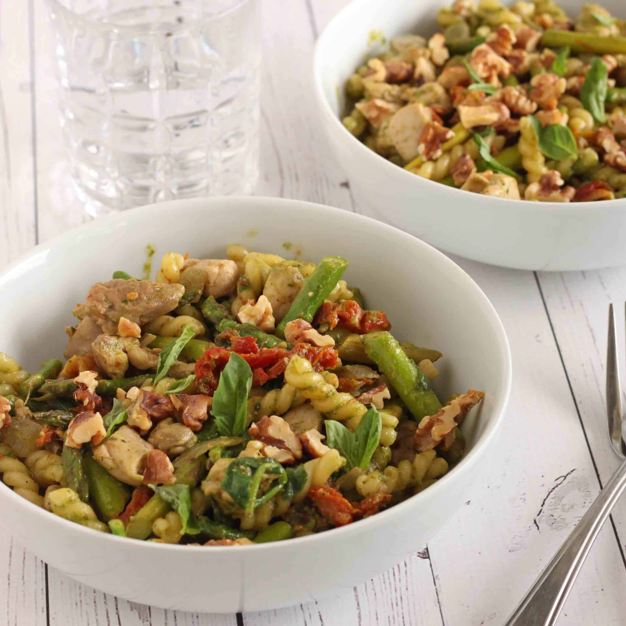 Chicken and Spring Green Pasta with Walnut Pesto Recipe