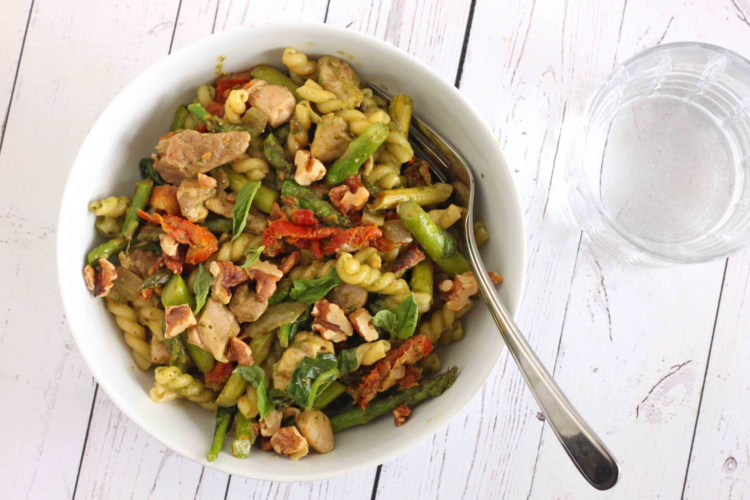 Chicken and Spring Green Pasta with Walnut Pesto