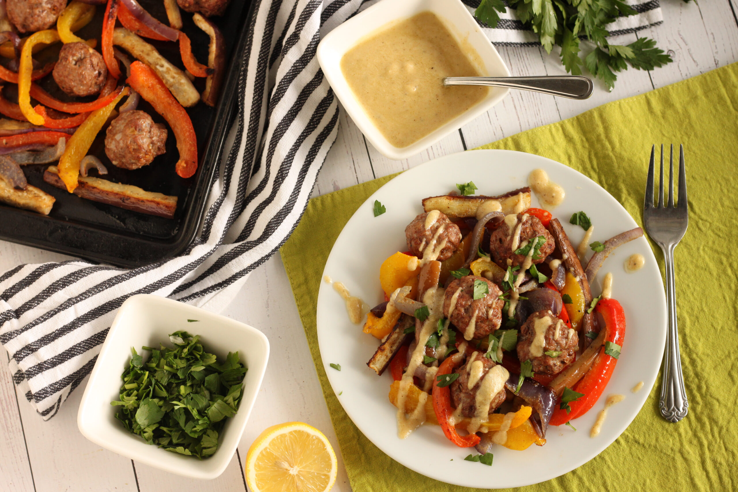 Sheet Pan Kofta Meatballs with Roasted Veggies & Tahini Sauce Recipe by Jesse Lane Lee
