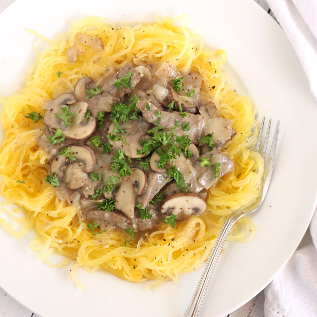 Creamy Paleo Spaghetti Squash Beef Stroganoff Recipe by Jesse Lane Wellness