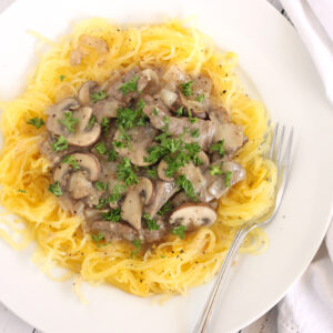 Creamy Paleo Spaghetti Squash Beef Stroganoff Recipe by Jesse Lane Wellness