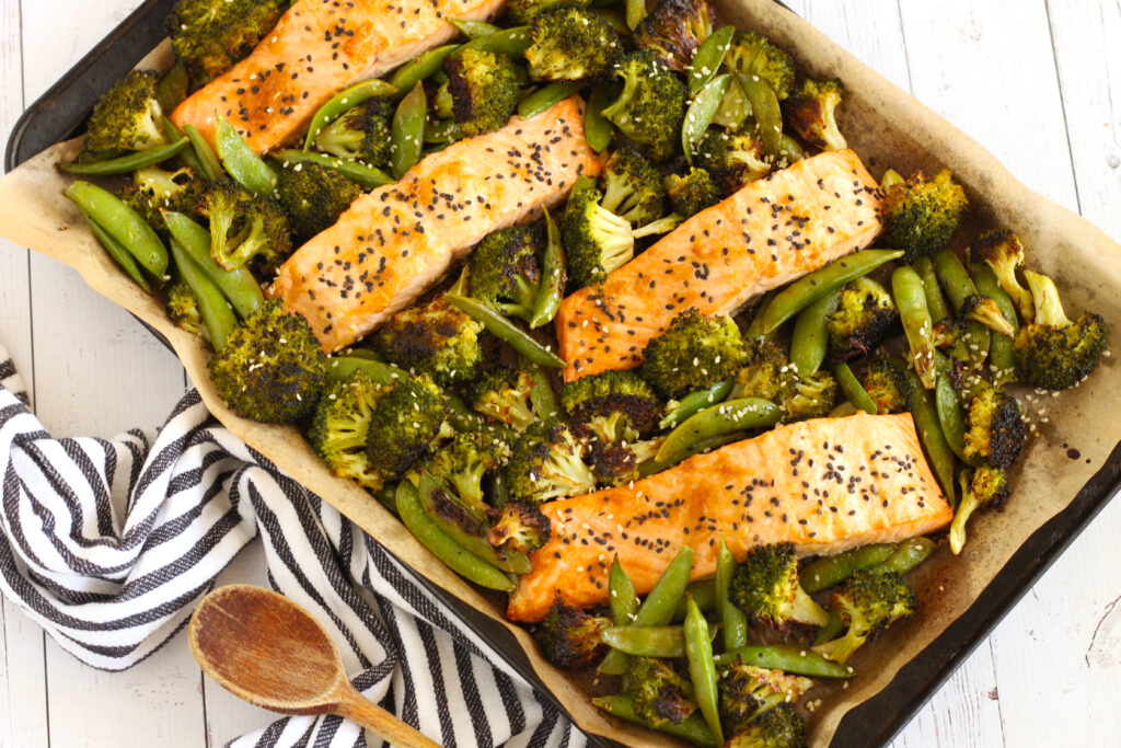 Sheet pan sesame ginger salmon with broccoli and sugar snap peas by Jesse Lane Lee