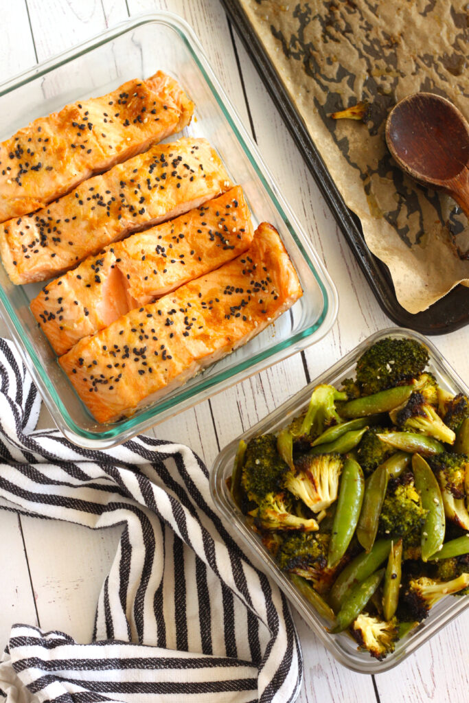 Sheet pan sesame ginger salmon with broccoli and sugar snap peas recipe