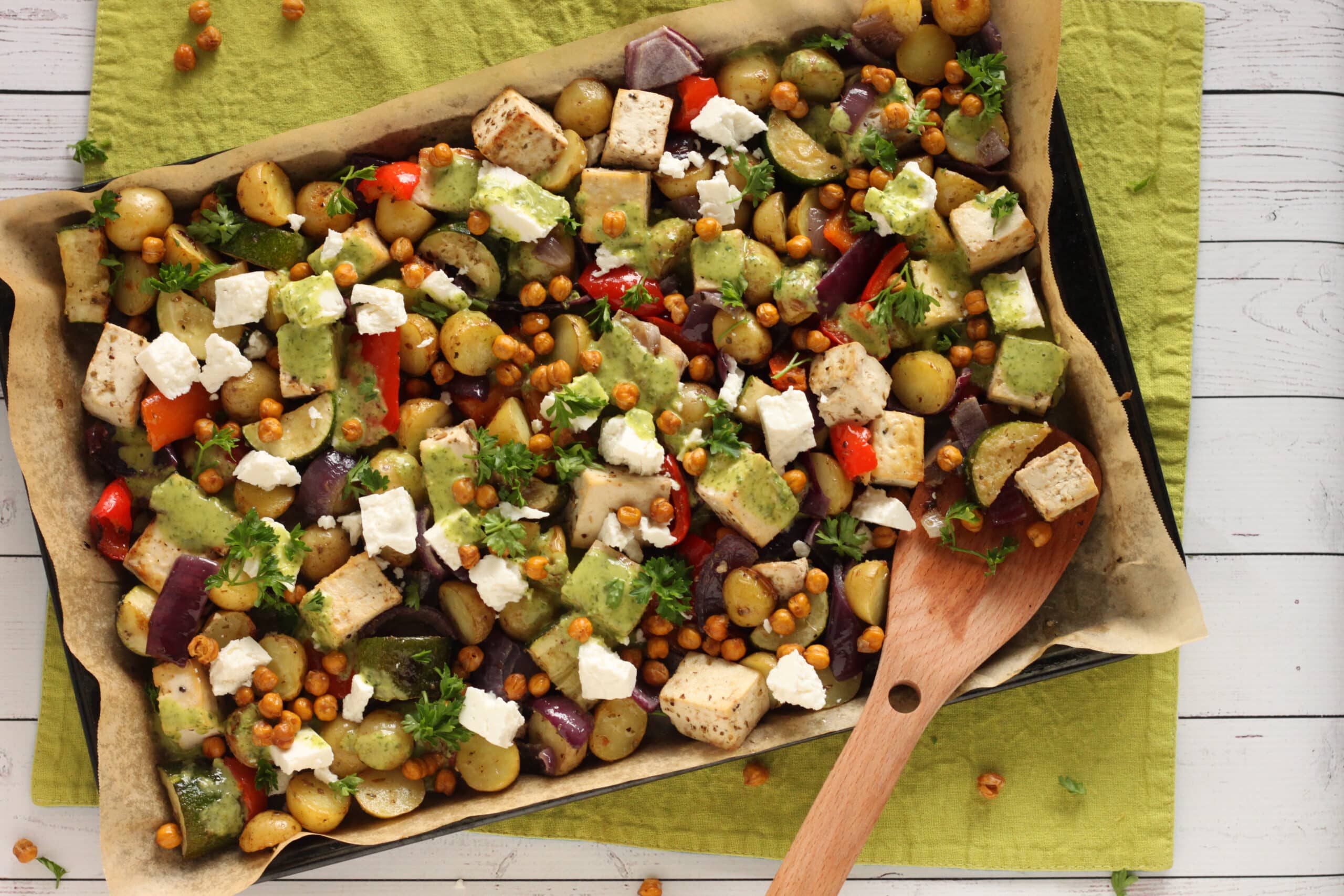 Vegetarian Mediterranean Sheet Pan Dinner Recipe by Jesse Lane Wellness