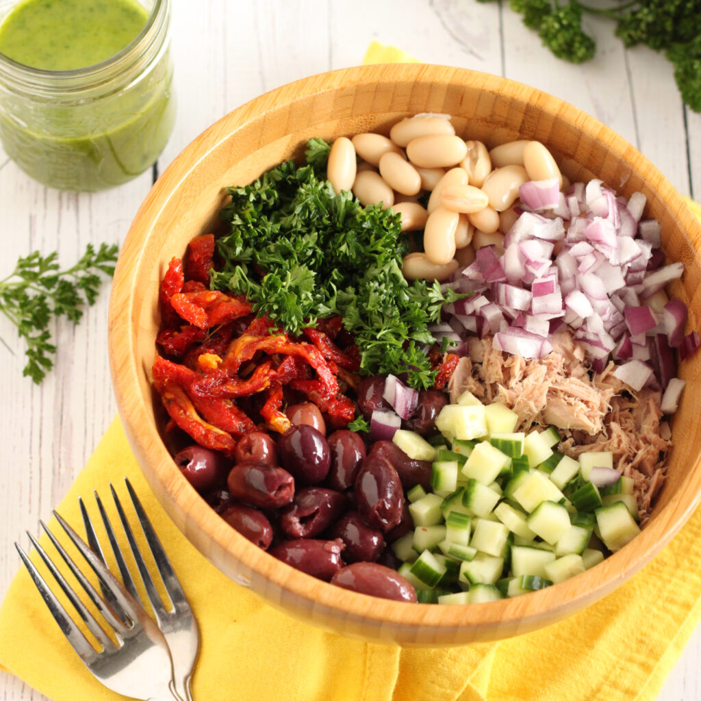 Mediterranean Tuna Bean Salad Recipe High Protein Lunch by Jesse Lane Wellness